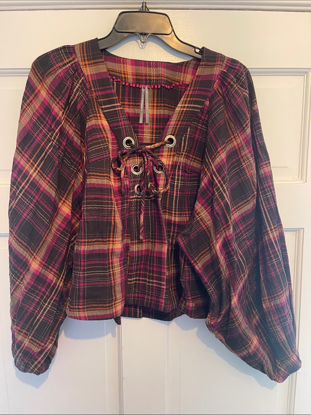 Anthropologie Tie-Front Plaid Peasant Blouse - Pink, Burgundy, Orange